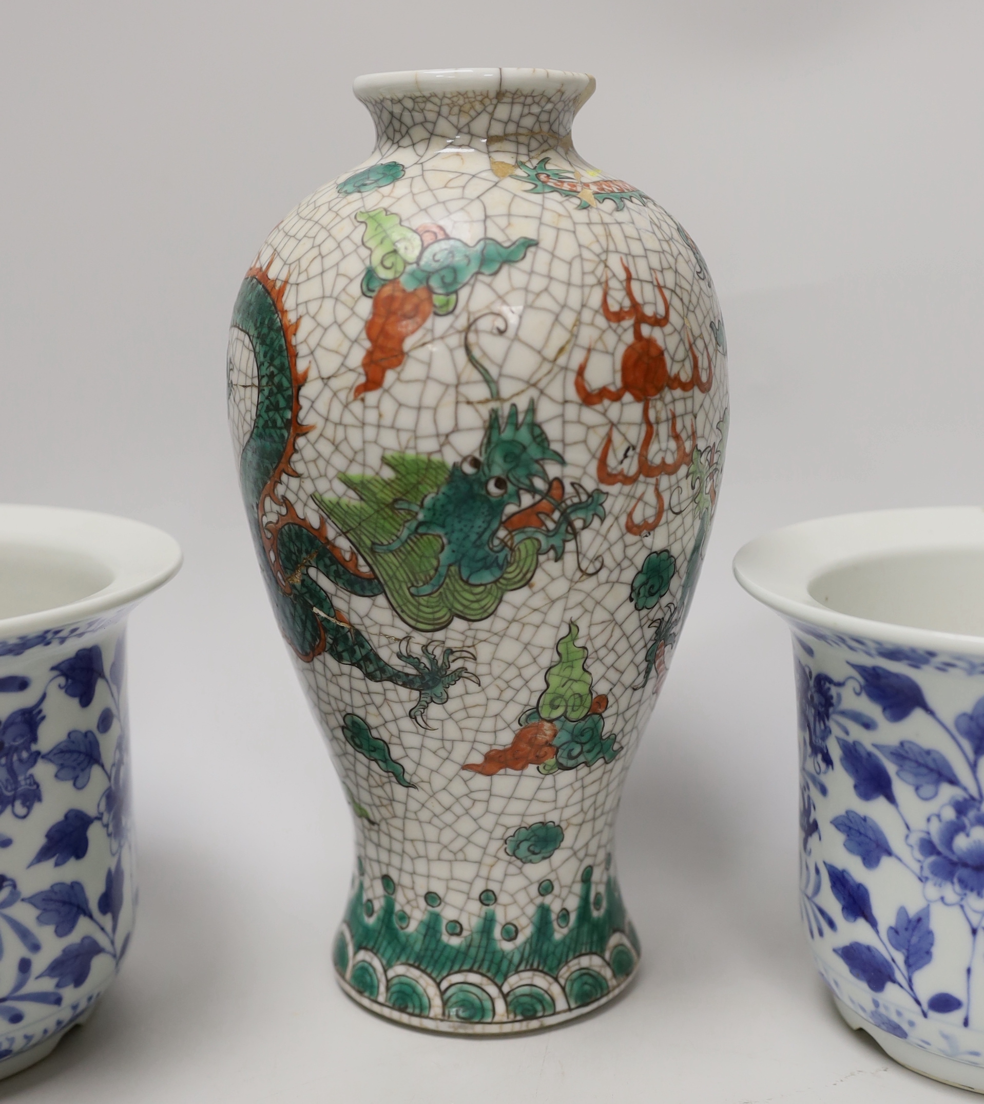 Two Chinese bowls, two blue and white dragon planters and a crackleware vase, tallest 22.5cm